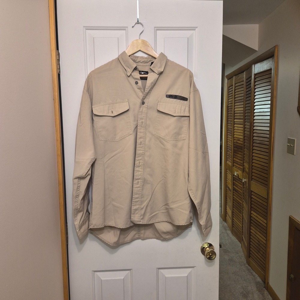 Harley Davidson Mens Tan Cotton Canvas Long‎ Sleeve Button Up Work Shirt Large